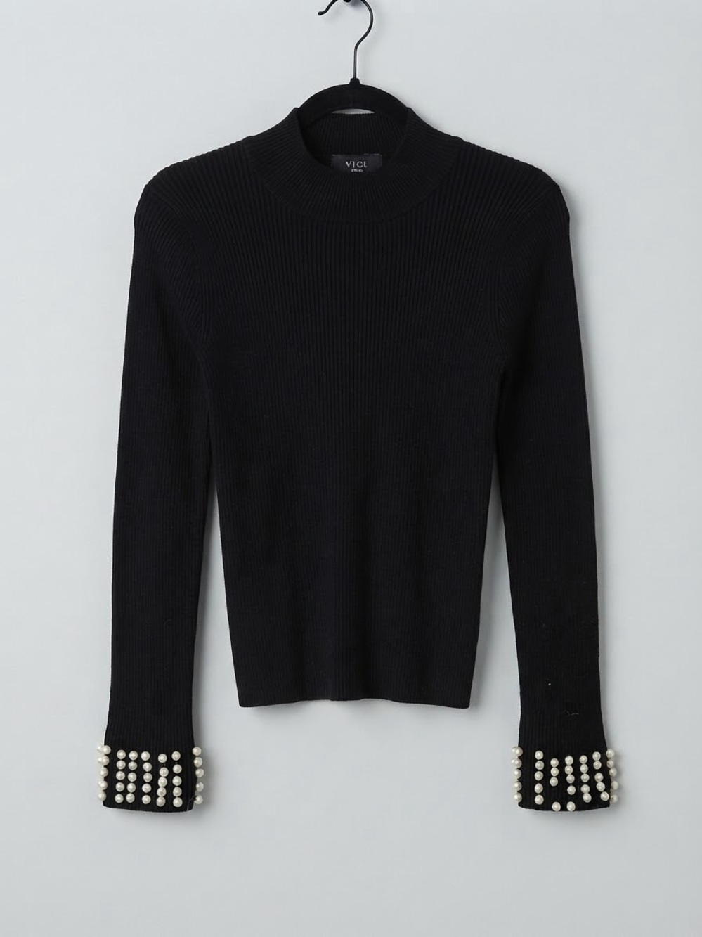 Vici Collection Black Ribbed Mock Neck Pearl Cuff Sweater Top Small S